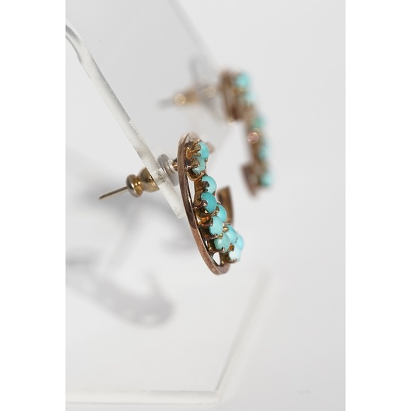 Vintage 10-14k Solid Gold Natural Persian Turquoise Crescent Moon Stud Earrings - Picture 5 of 6